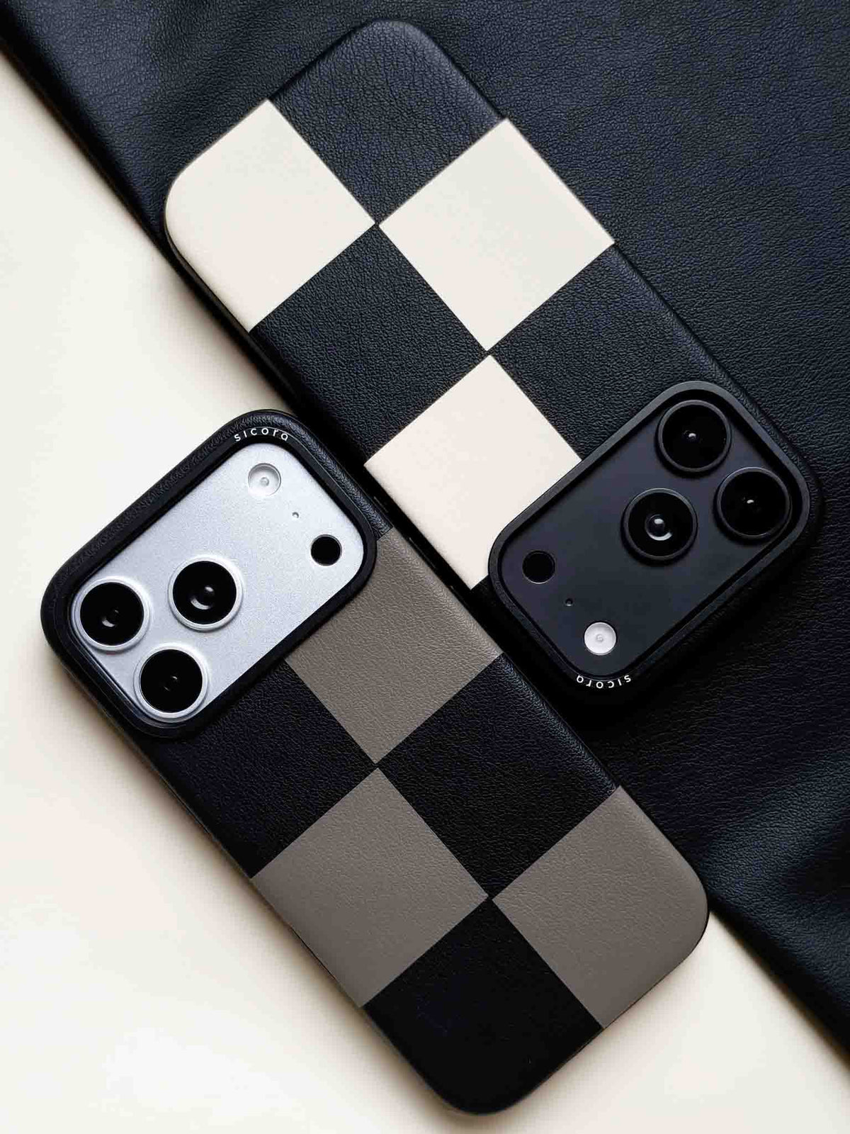 Two sicora iPhone 18 / 17 pro vegan leather cases, macro case in black cream and black gray combo