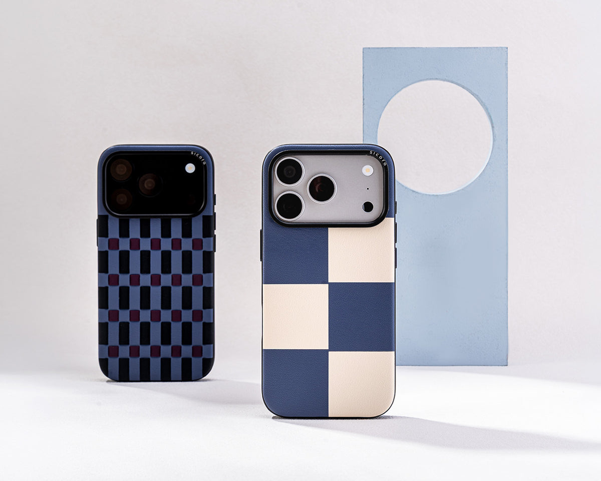 Two sicora iPhone 18 / 17 pro vegan leather cases against gray studio background