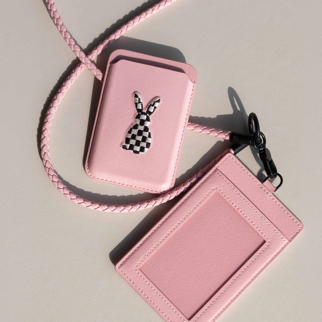 Sicora pink vegan leather accessory set: ID badge holder,  braided lanyard and magnetic card wallet