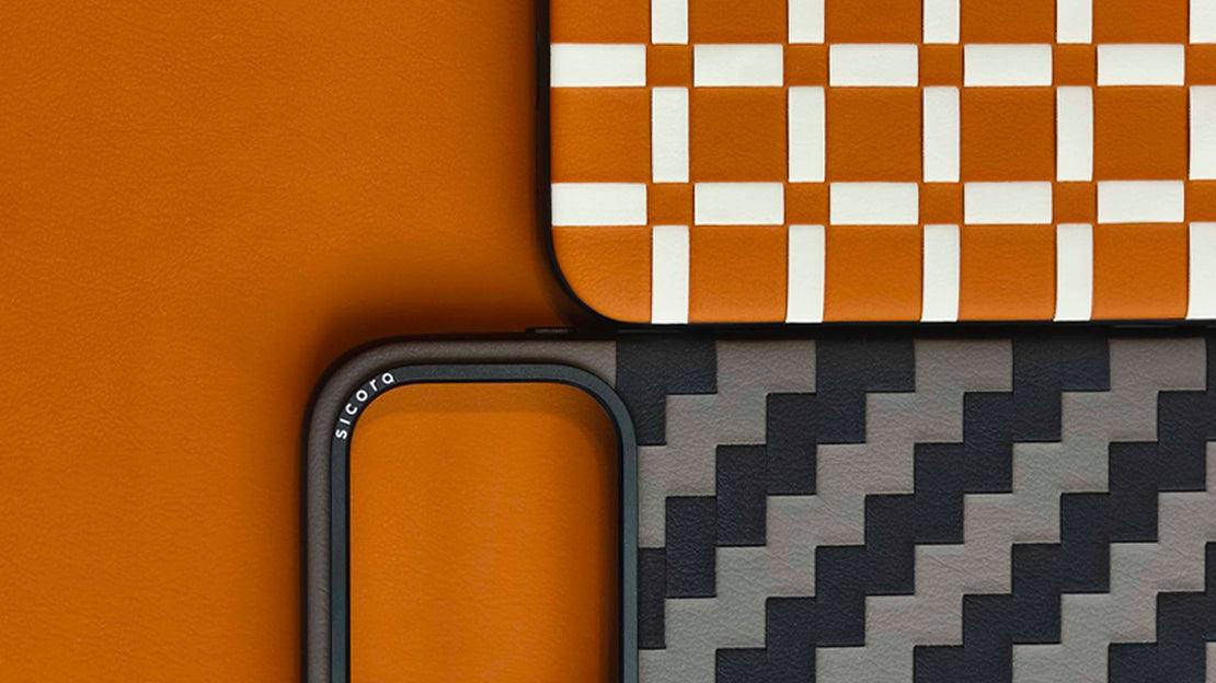 sicora iphone cases with geometric pattern on an orange background