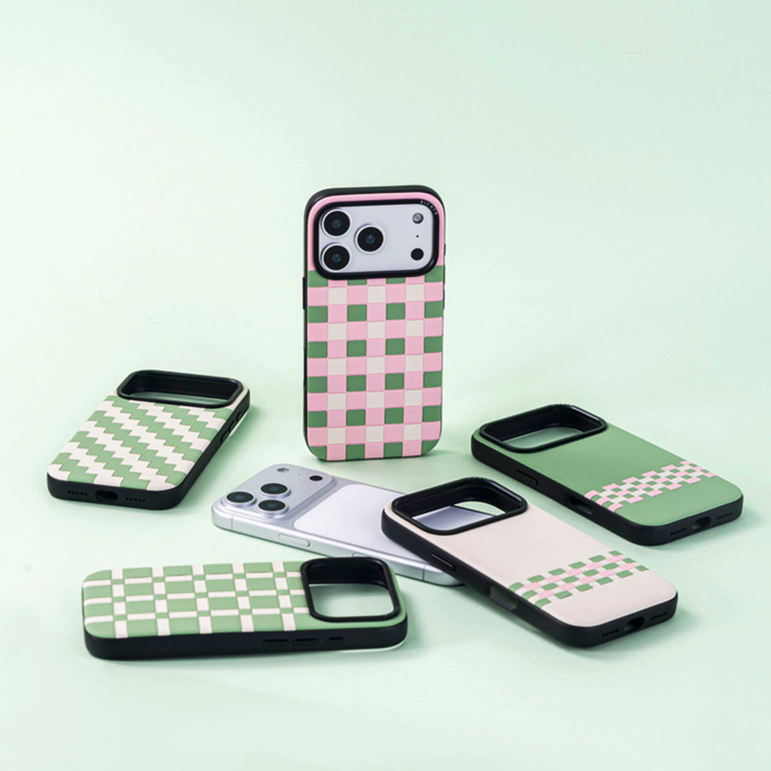 Set of sicora phone cases with geometric pattern on a light green background