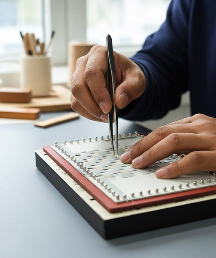 A behind-the-scene view showing a craftsman working on the silio silicone leather iphone case products using hand tools.