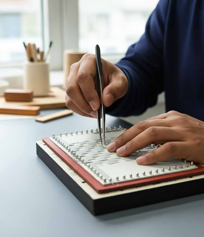 A behind-the-scene view showing a craftsman working on the silio silicone leather iphone case products using hand tools.