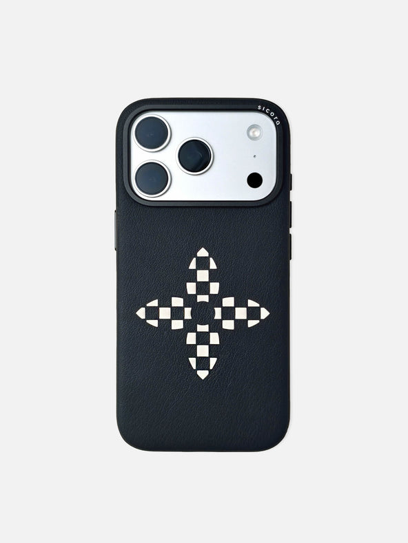 sicora iPhone 18 pro / iPhone 17 pro vegan leather phone case, bloom case featuring a cream white hand-woven petal-shaped pattern on black SILIO leather case