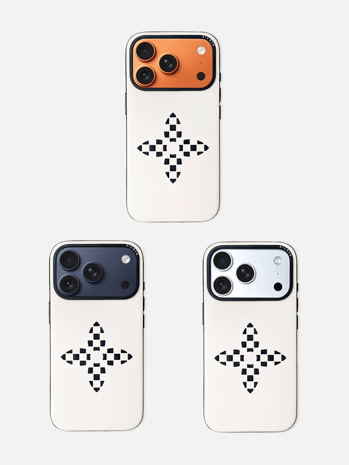 sicora iPhone 17 pro leather case, bloom case, paired with orange, navy and silver color iPhone 17 pro