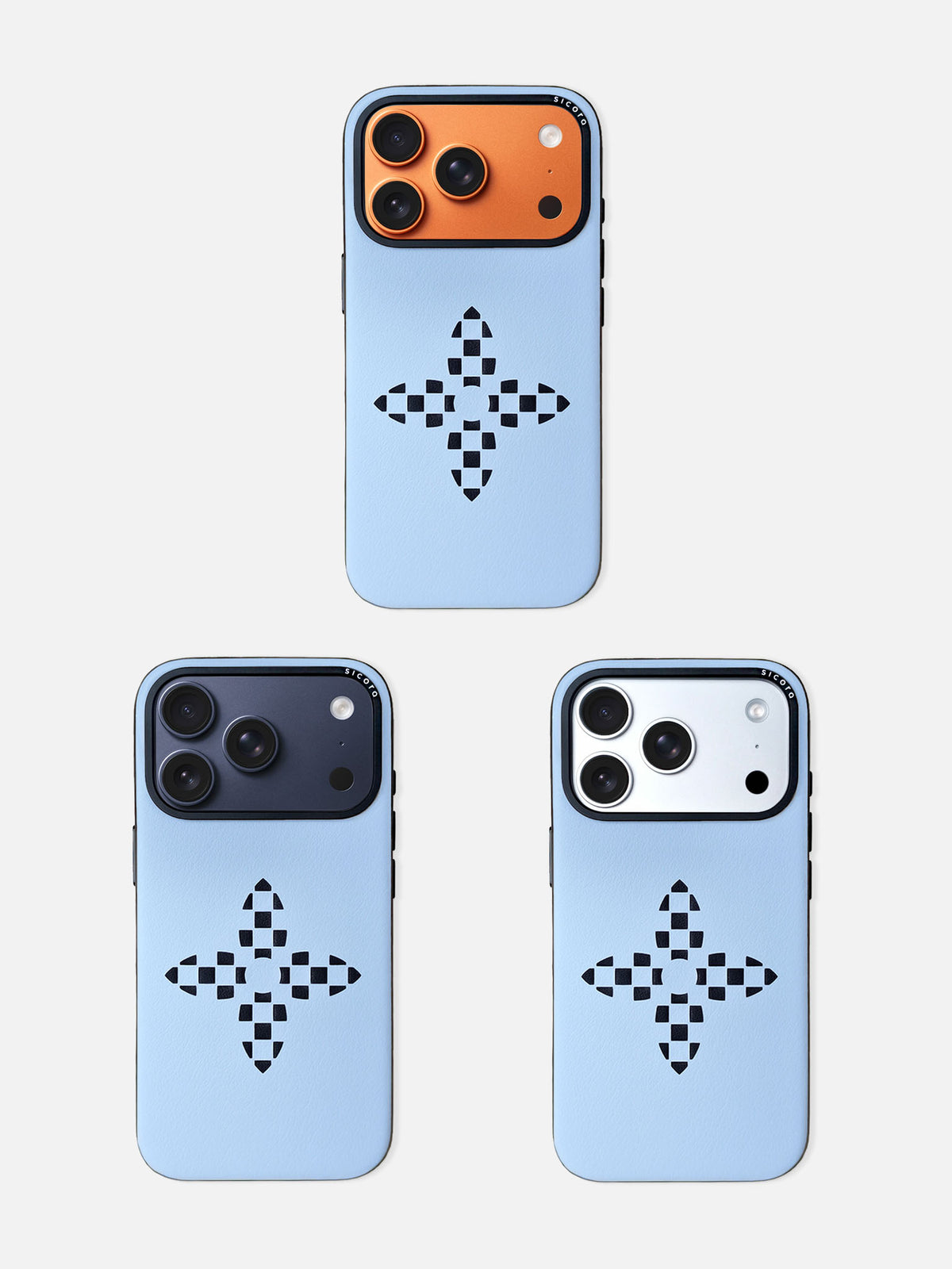 sicora iPhone 17 pro leather case, bloom case, paired with orange, navy and silver color iPhone 17 pro