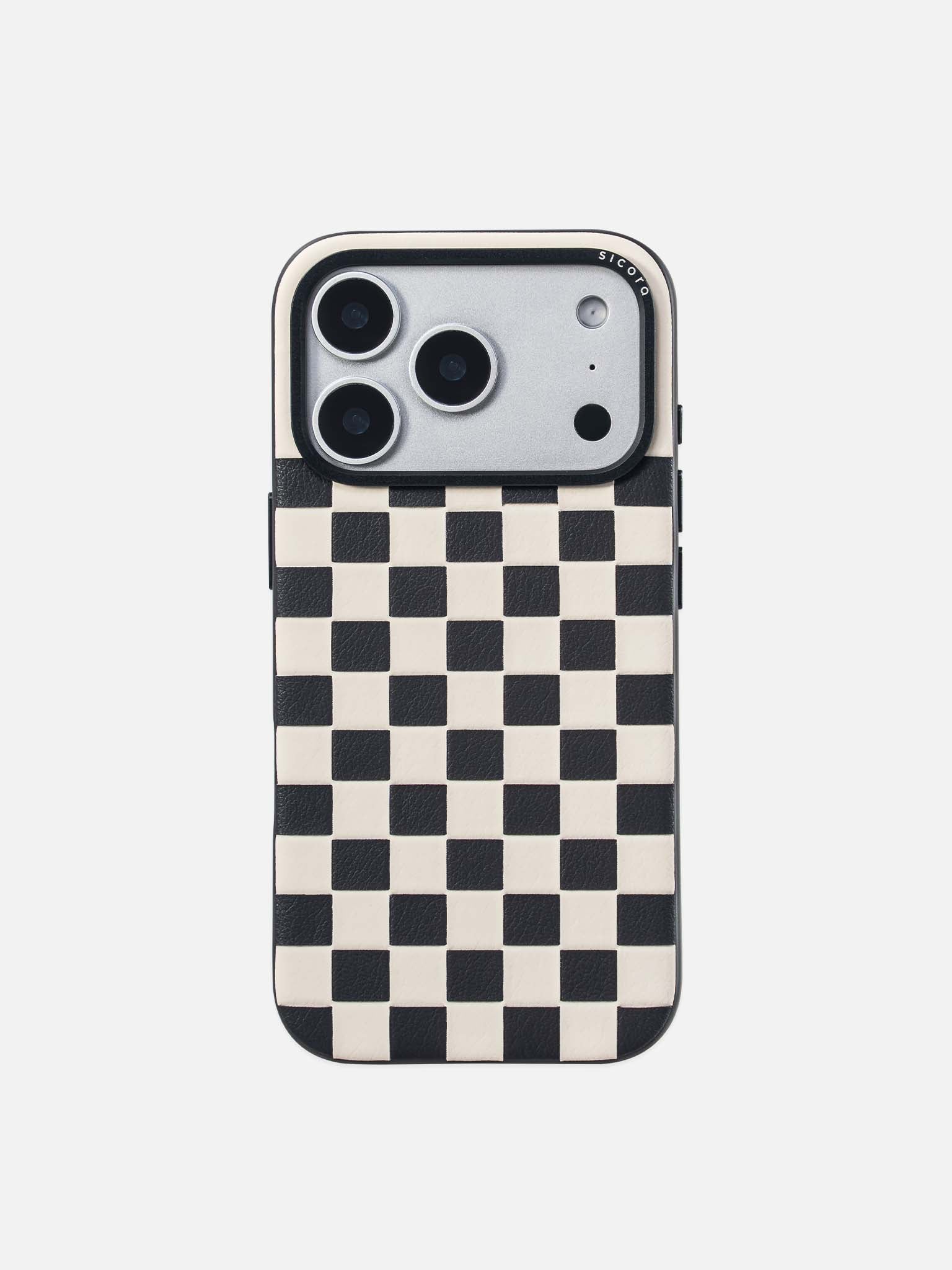 Sicora checkerboard phone case with black and cream white checkered pattern