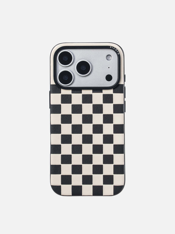 Sicora checkerboard phone case with black and cream white checkered pattern