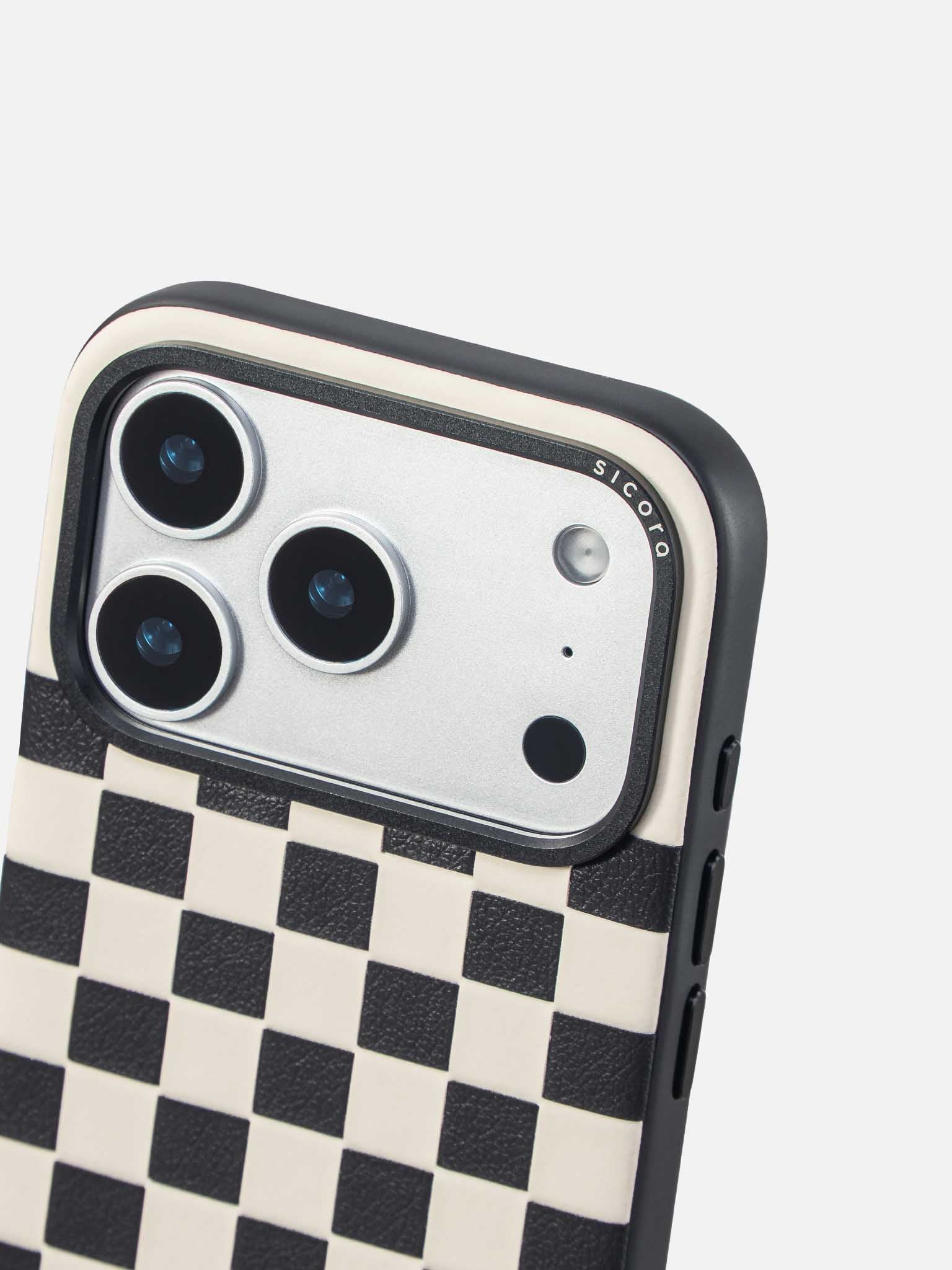 Sicora checkerboard phone case with black and cream white checkered pattern