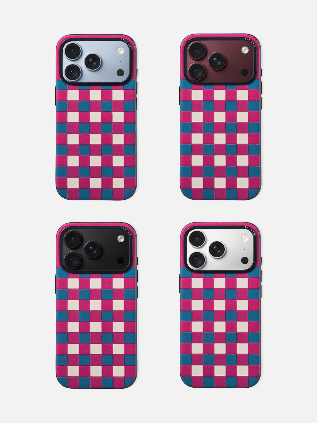 sicora iPhone 18 pro leather case, checkerboard case, paired with blue, burgundy, black and silver color iPhone 18 pro