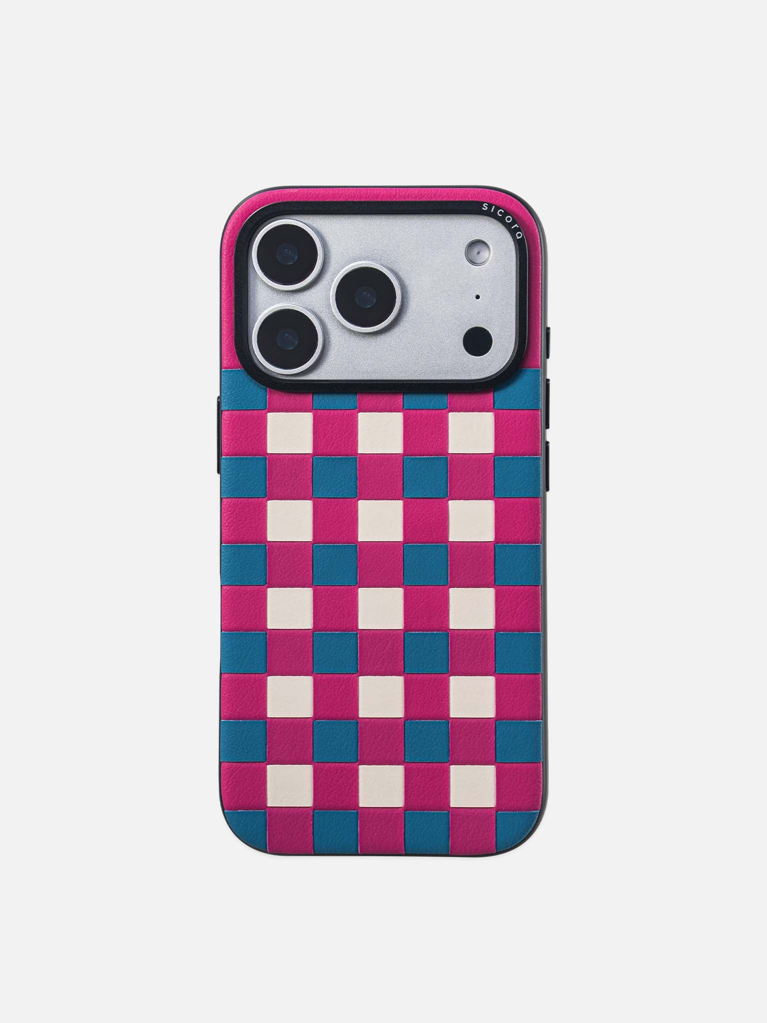 Sicora checkerboard phone case with magenta, sea blue and cream white checkered pattern
