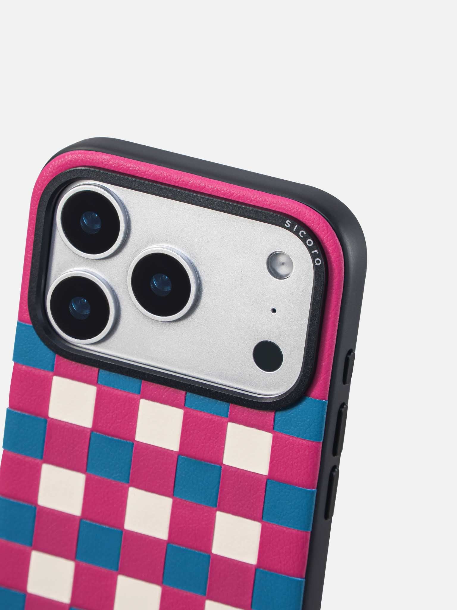 Sicora checkerboard phone case with magenta, sea blue and cream white checkered pattern