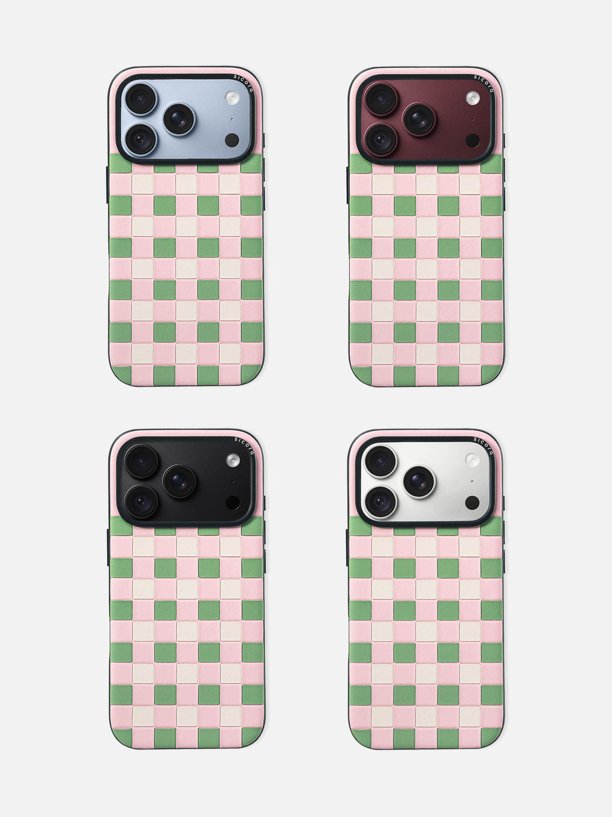 sicora iPhone 18 pro leather case, checkerboard case, paired with blue, burgundy, black and silver color iPhone 18 pro