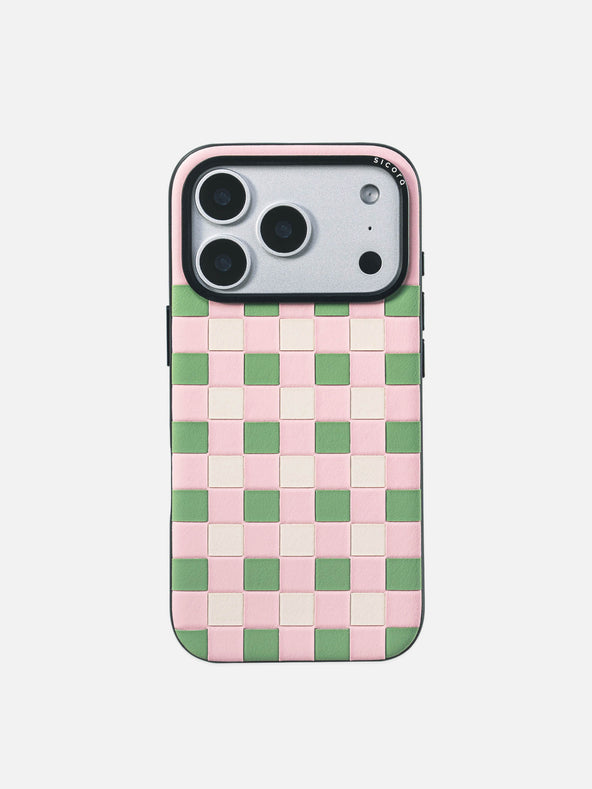 Sicora checkerboard phone case with pink, avocado green and cream white checkered pattern