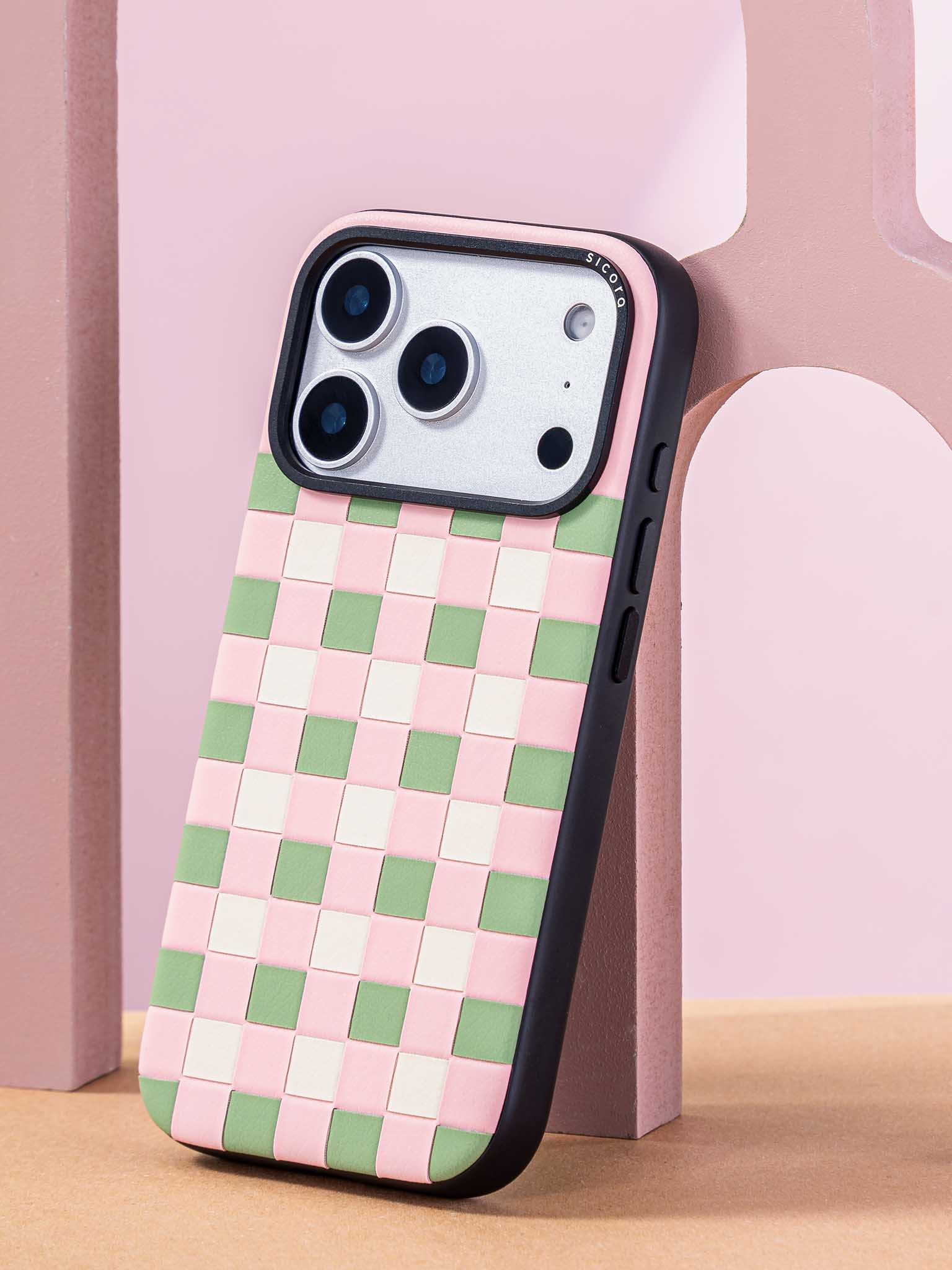 Sicora checkerboard phone case with pink, avocado green and cream white checkered pattern