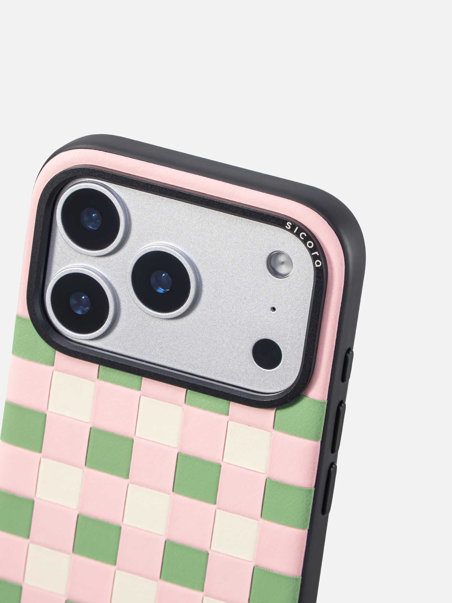 Sicora checkerboard phone case with pink, avocado green and cream white checkered pattern