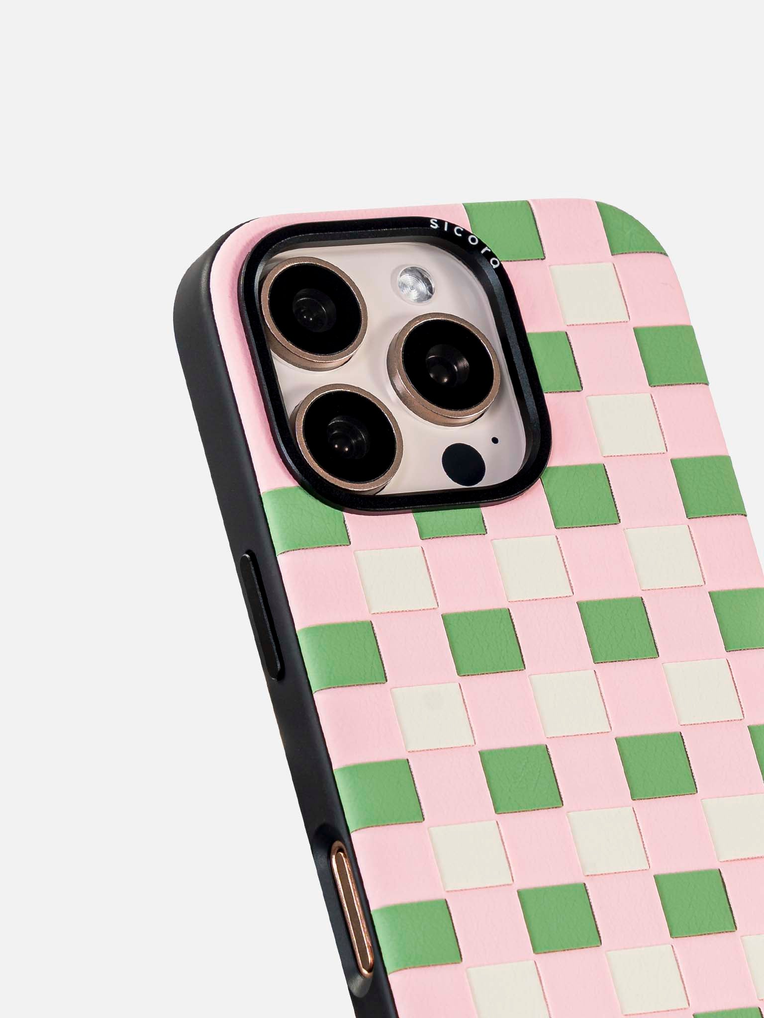 sicora handmade pink green white checkerboard phone case