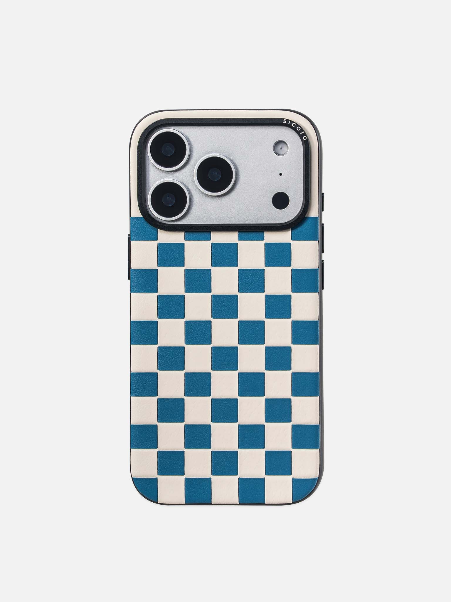 Sicora checkerboard phone case with sea blue and cream white checkered pattern