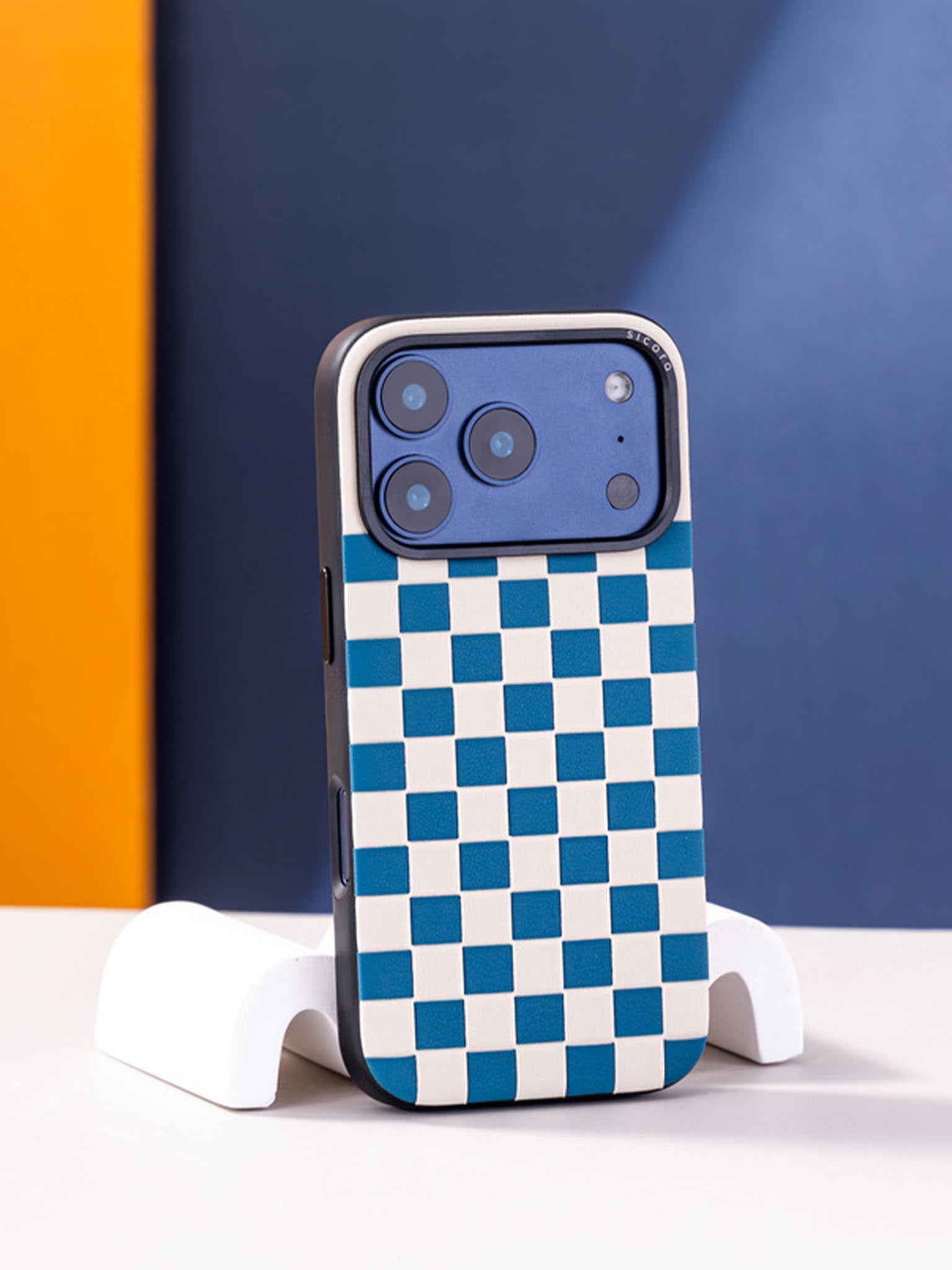 Sicora checkerboard phone case with sea blue and cream white checkered pattern