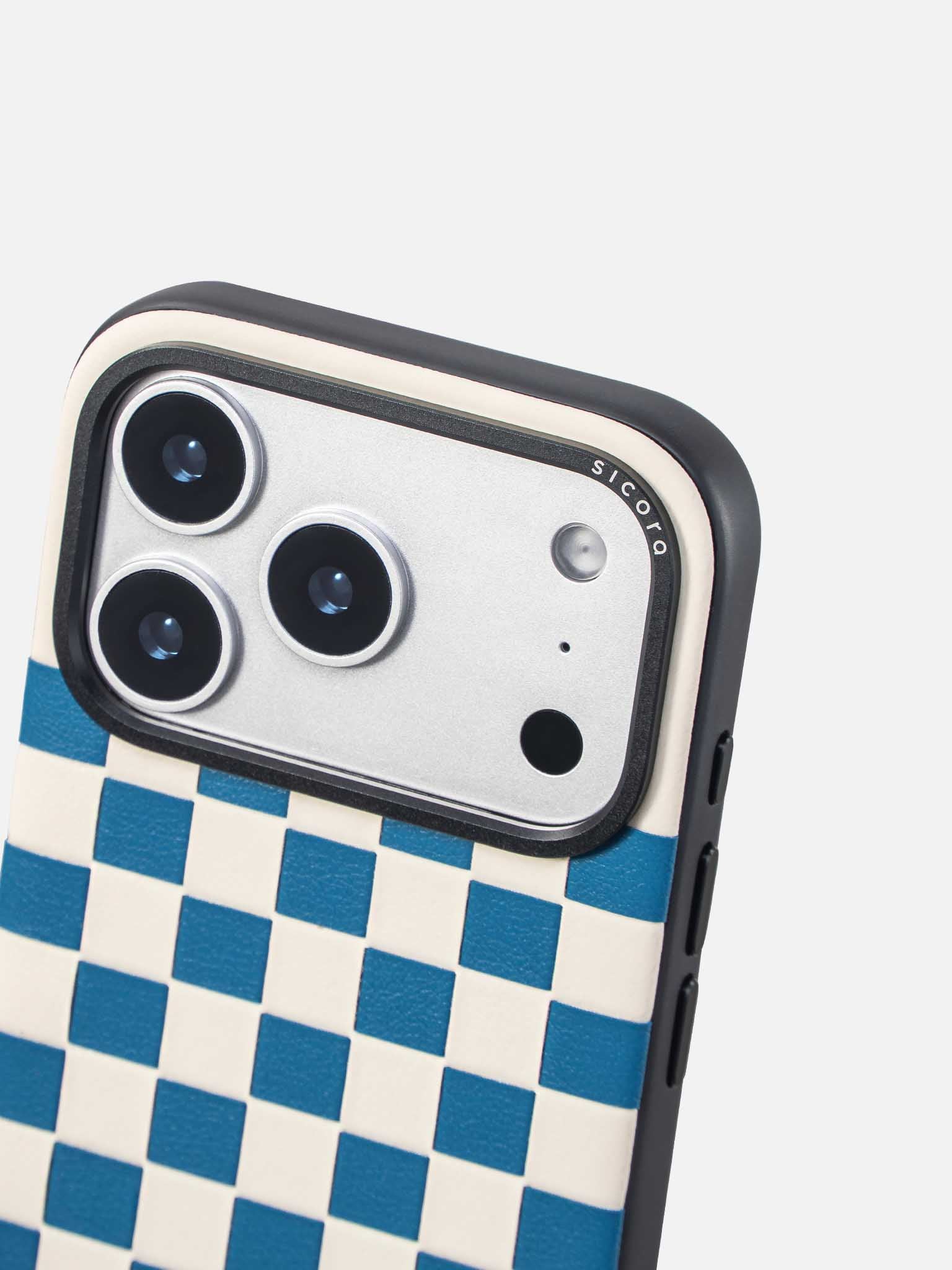 Sicora checkerboard phone case with sea blue and cream white checkered pattern