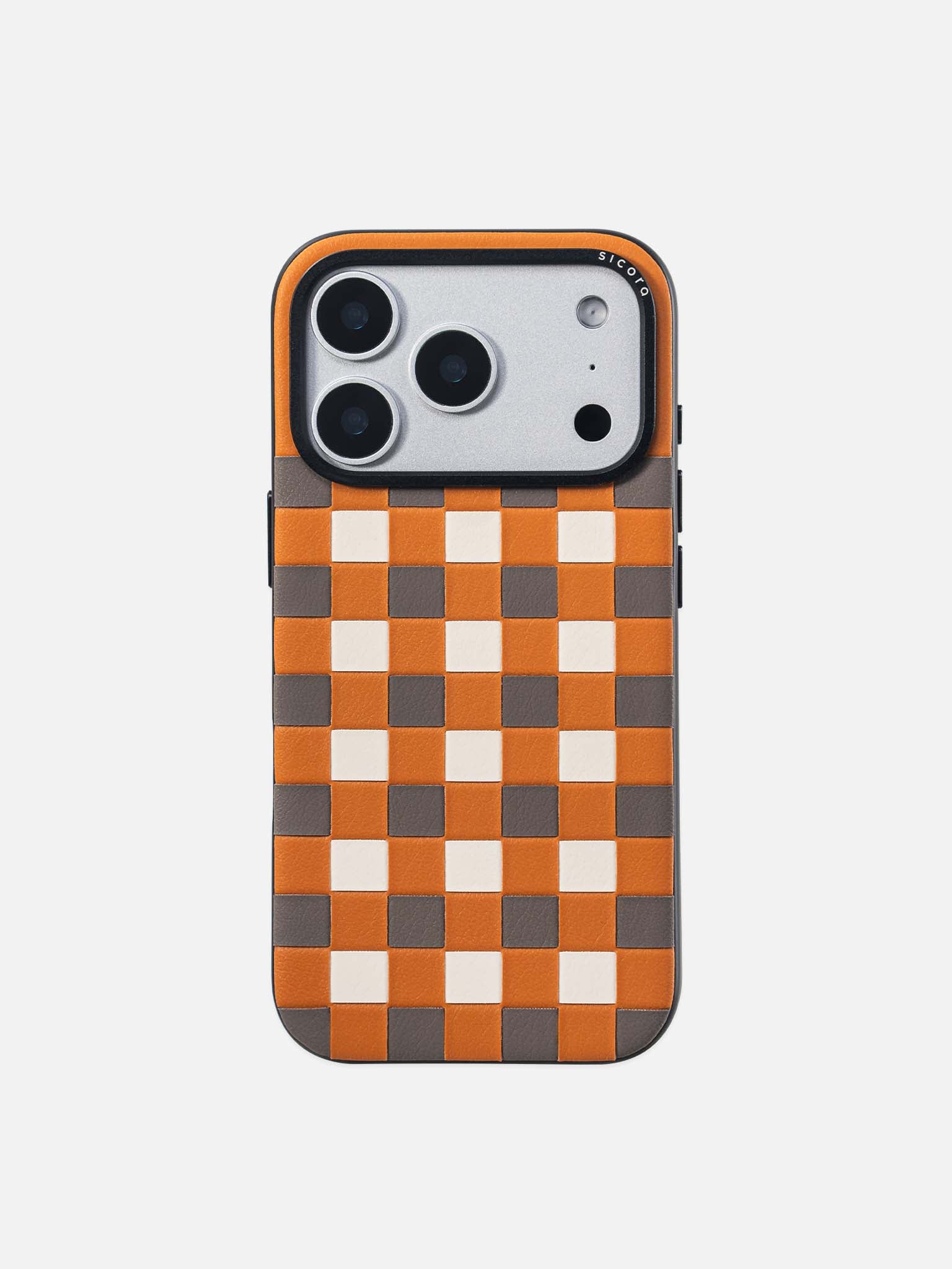 Sicora checkerboard phone case with toffee gold, granite gray and cream white checkered pattern