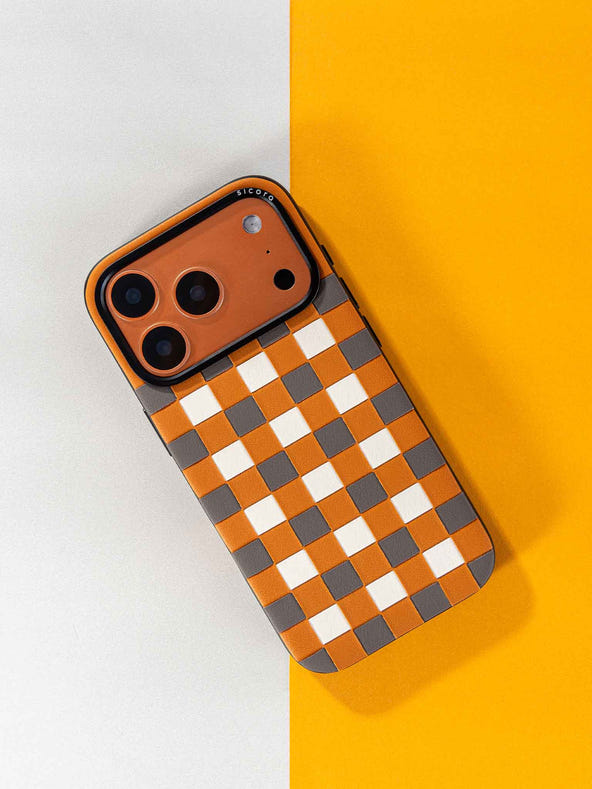 Sicora checkerboard phone case with toffee gold, granite gray and cream white checkered pattern