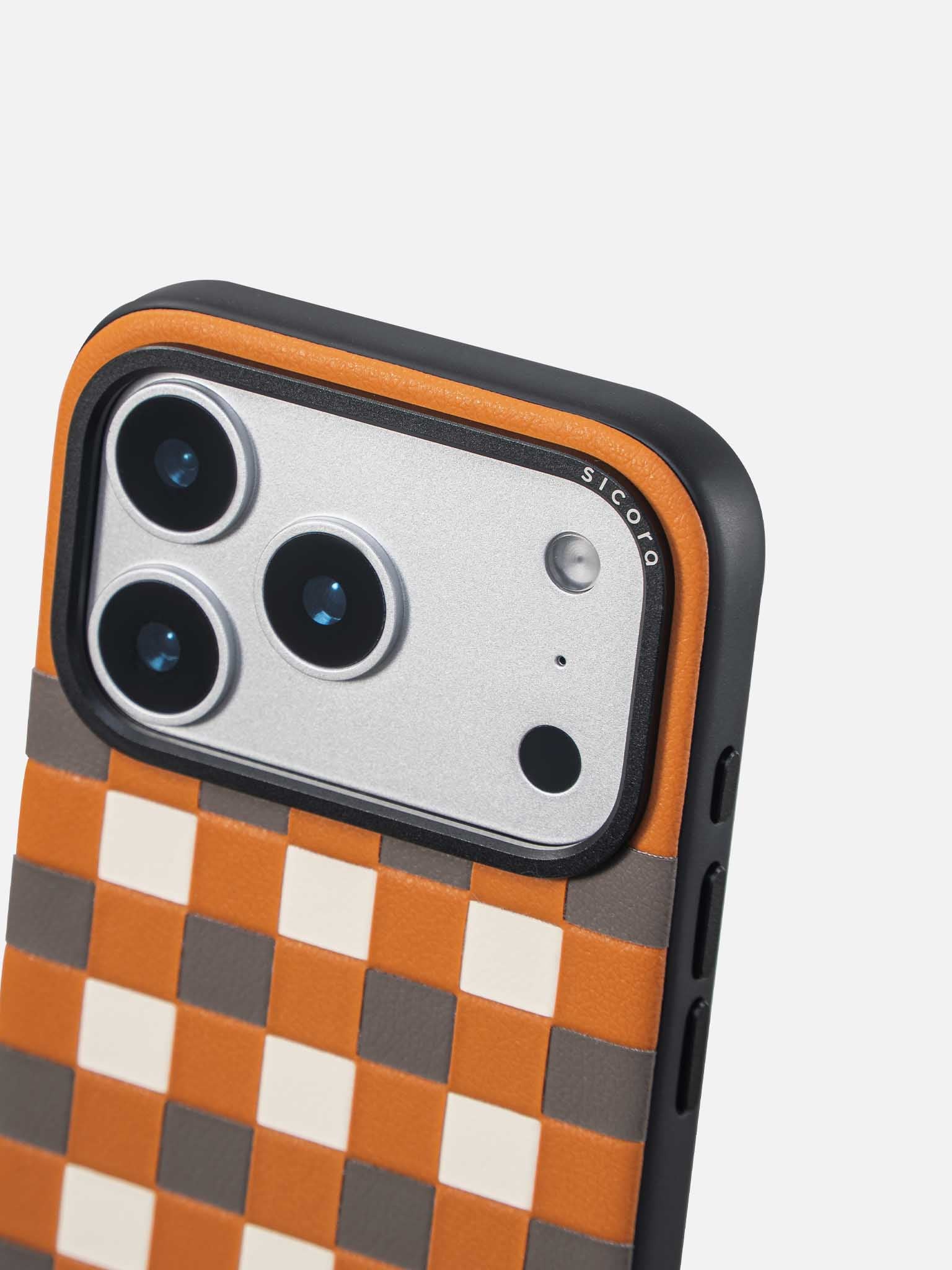 Sicora checkerboard phone case with toffee gold, granite gray and cream white checkered pattern