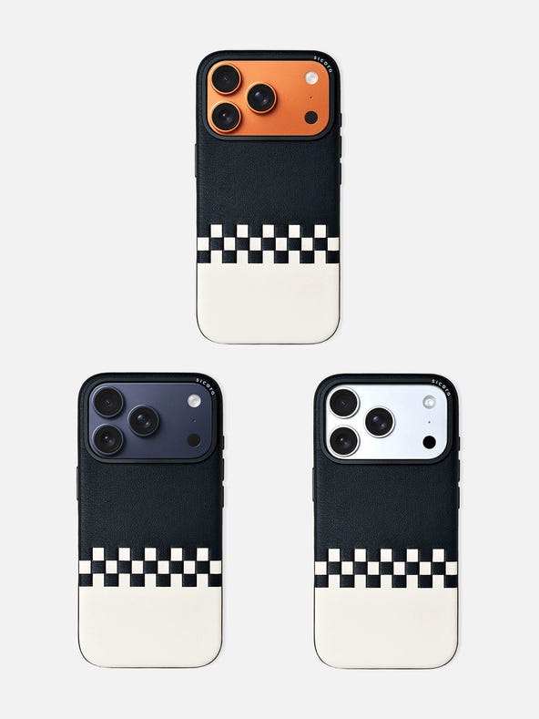 sicora iPhone 17 pro leather case, crossover case, paired with orange, navy and silver color iPhone 17 pro