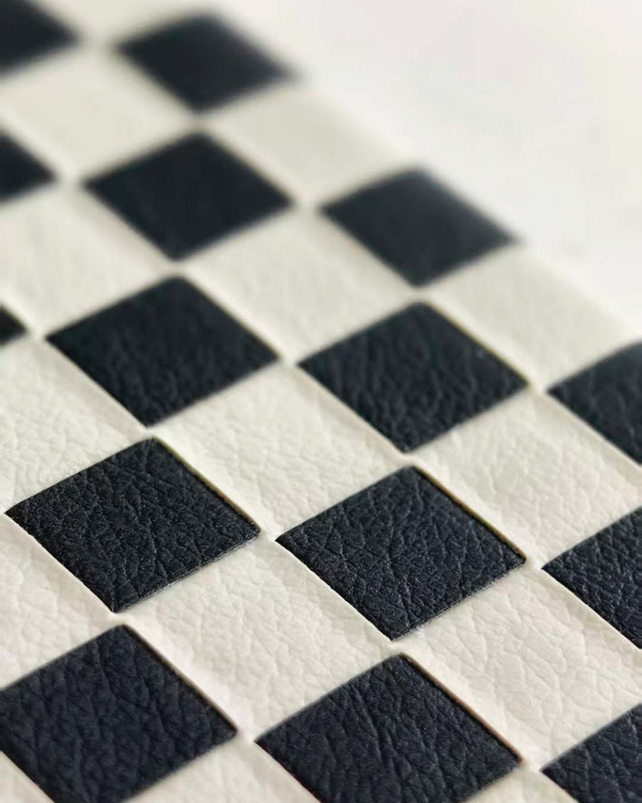 Close-up of a checkered pattern with black and white squares.