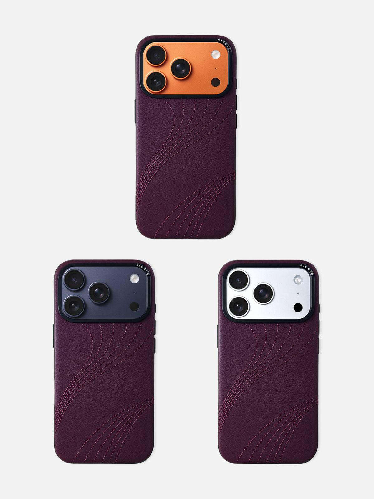 sicora iPhone 17 pro leather case, flow case, paired with orange, navy and silver color iPhone 17 pro