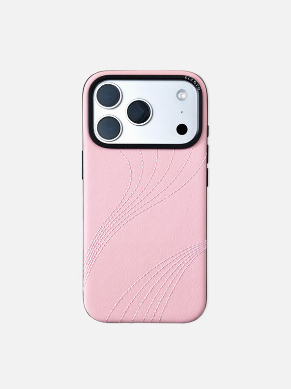 sicora pink iPhone 18 pro / iPhone 17 pro vegan leather phone case, flow case featuring tone-on-tone curvy embroidered stitch-lines on premium SILIO silicone vegan leather.