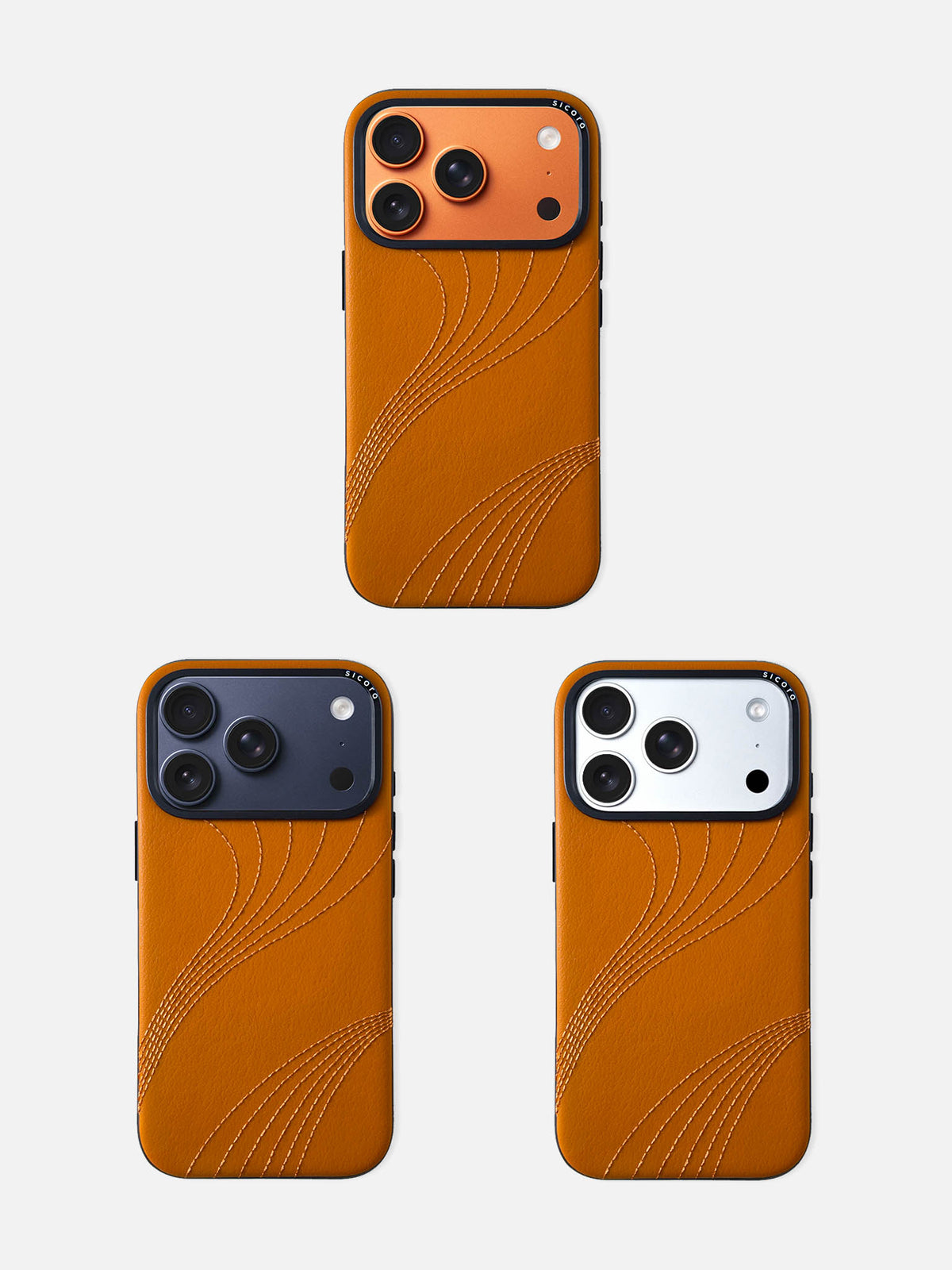 sicora iPhone 17 pro leather case, flow case, paired with orange, navy and silver color iPhone 17 pro