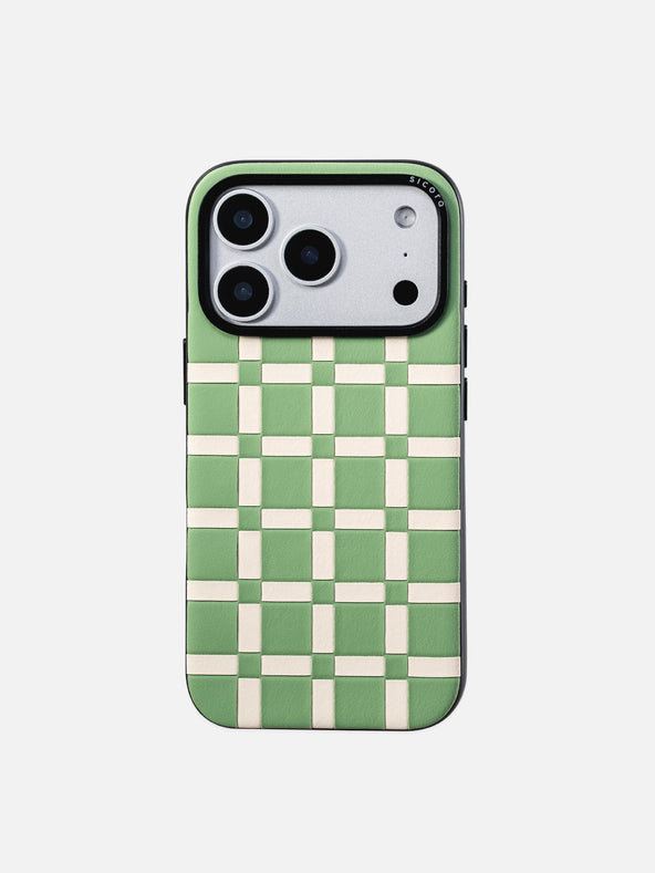 Sicora gridplay phone case with avocado green and cream white checkered pattern