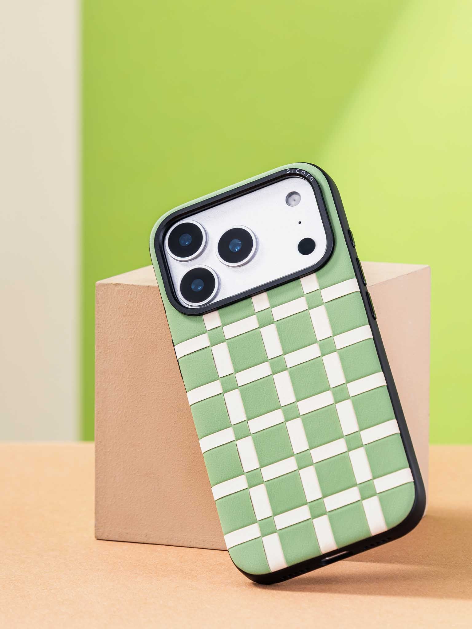 Sicora gridplay phone case with avocado green and cream white checkered pattern