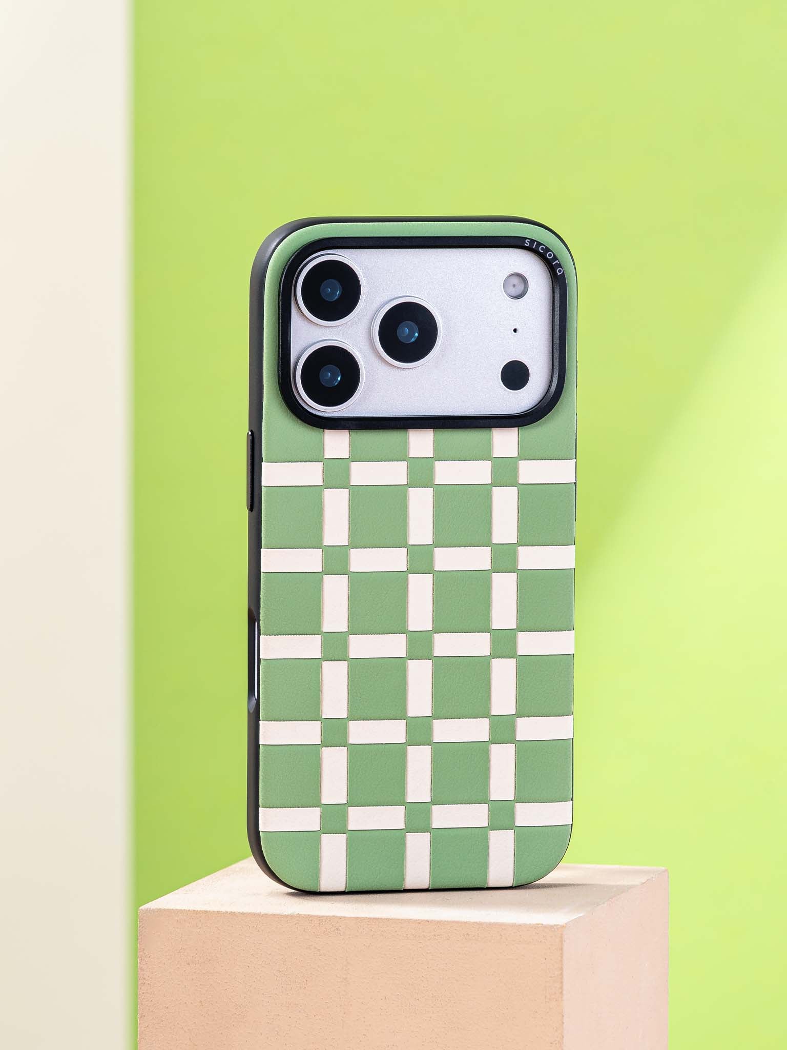 Sicora gridplay phone case with avocado green and cream white checkered pattern