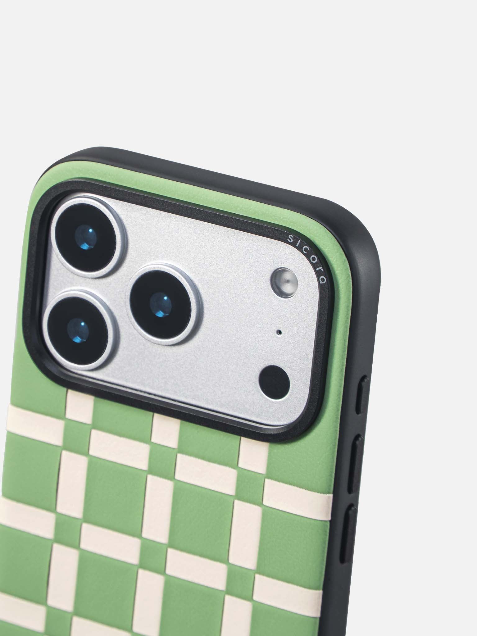 Sicora gridplay phone case with avocado green and cream white checkered pattern