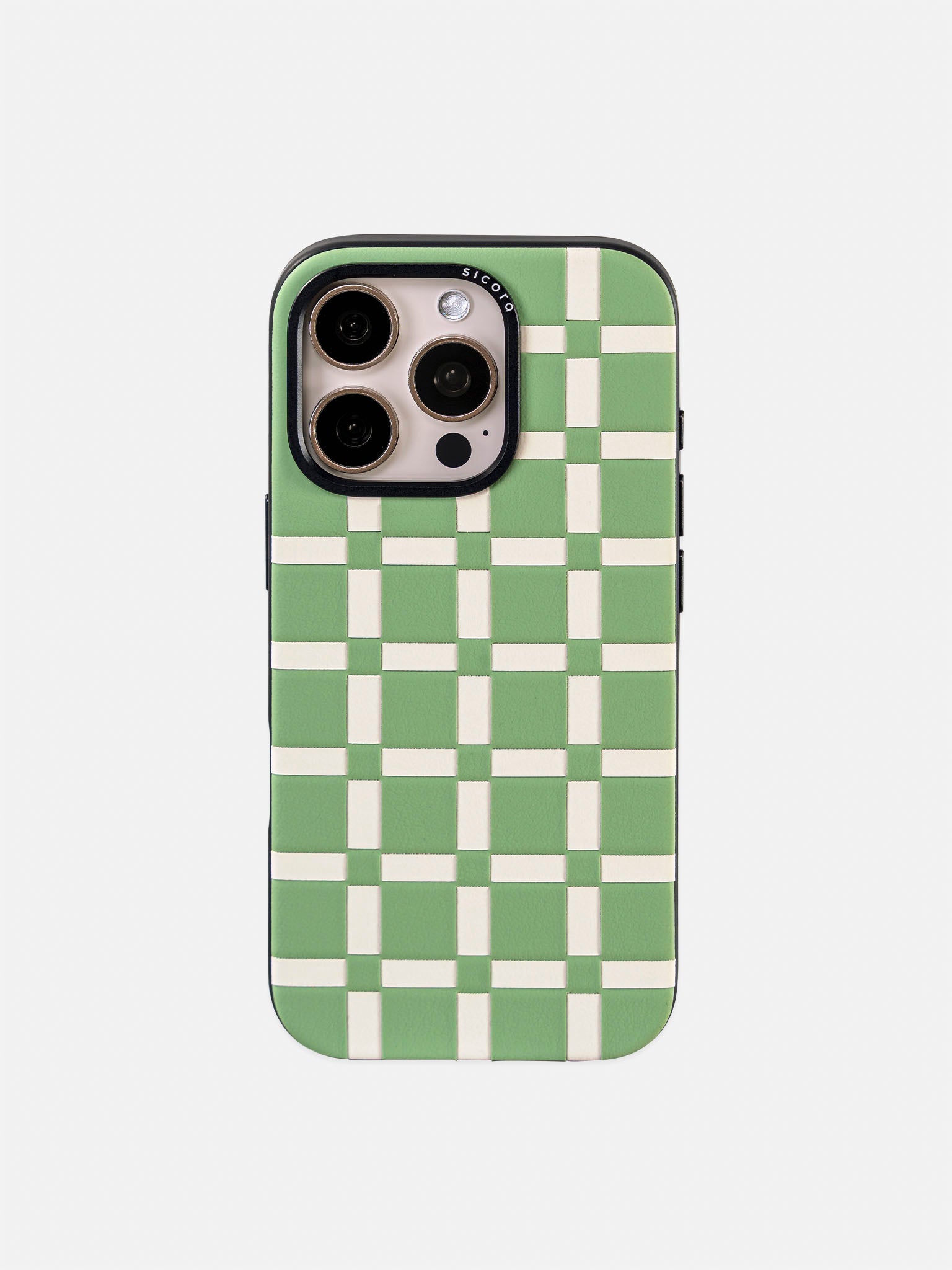sicora green and white handwoven gridplay iPhone case 16 pro