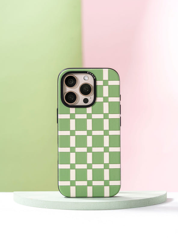 sicora green and white handwoven gridplay iphone case