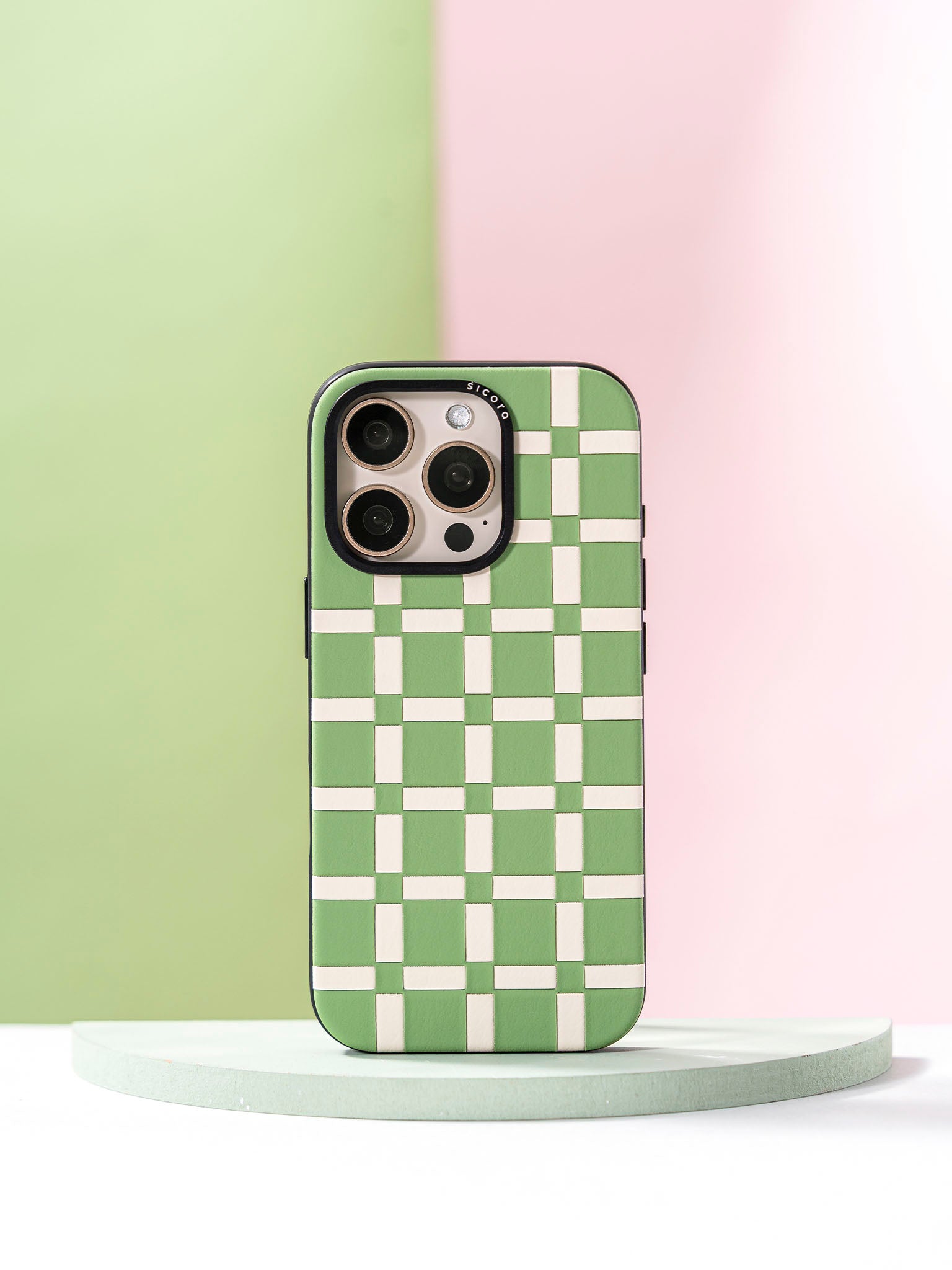 sicora green and white handwoven gridplay iphone case