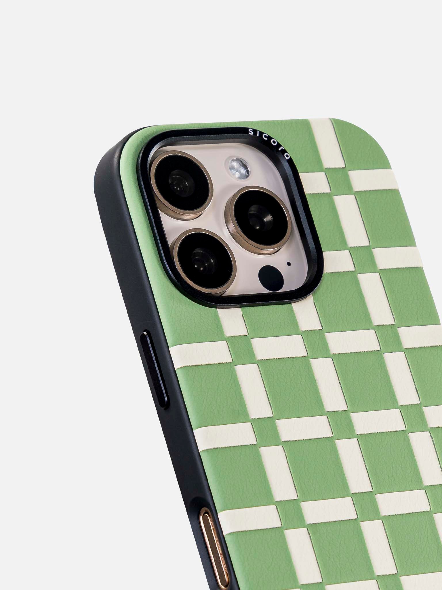 sicora green and white handwoven gridplay iphone case