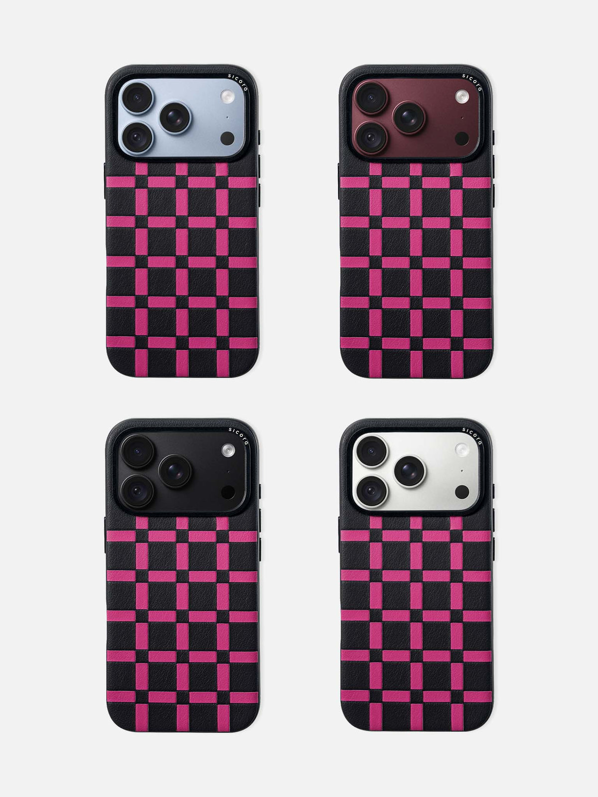 sicora iPhone 18 pro leather case, gridplay case, paired with blue, burgundy, black and silver color iPhone 18 pro