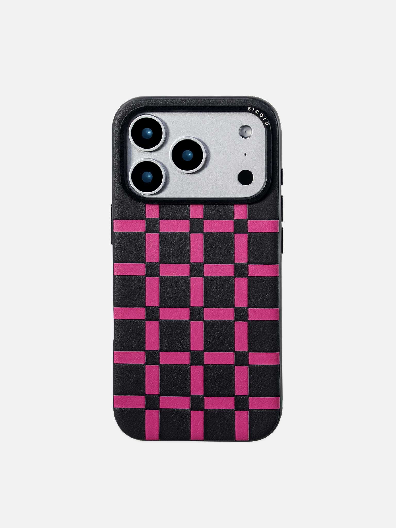 Sicora gridplay phone case with black and magenta checkered pattern