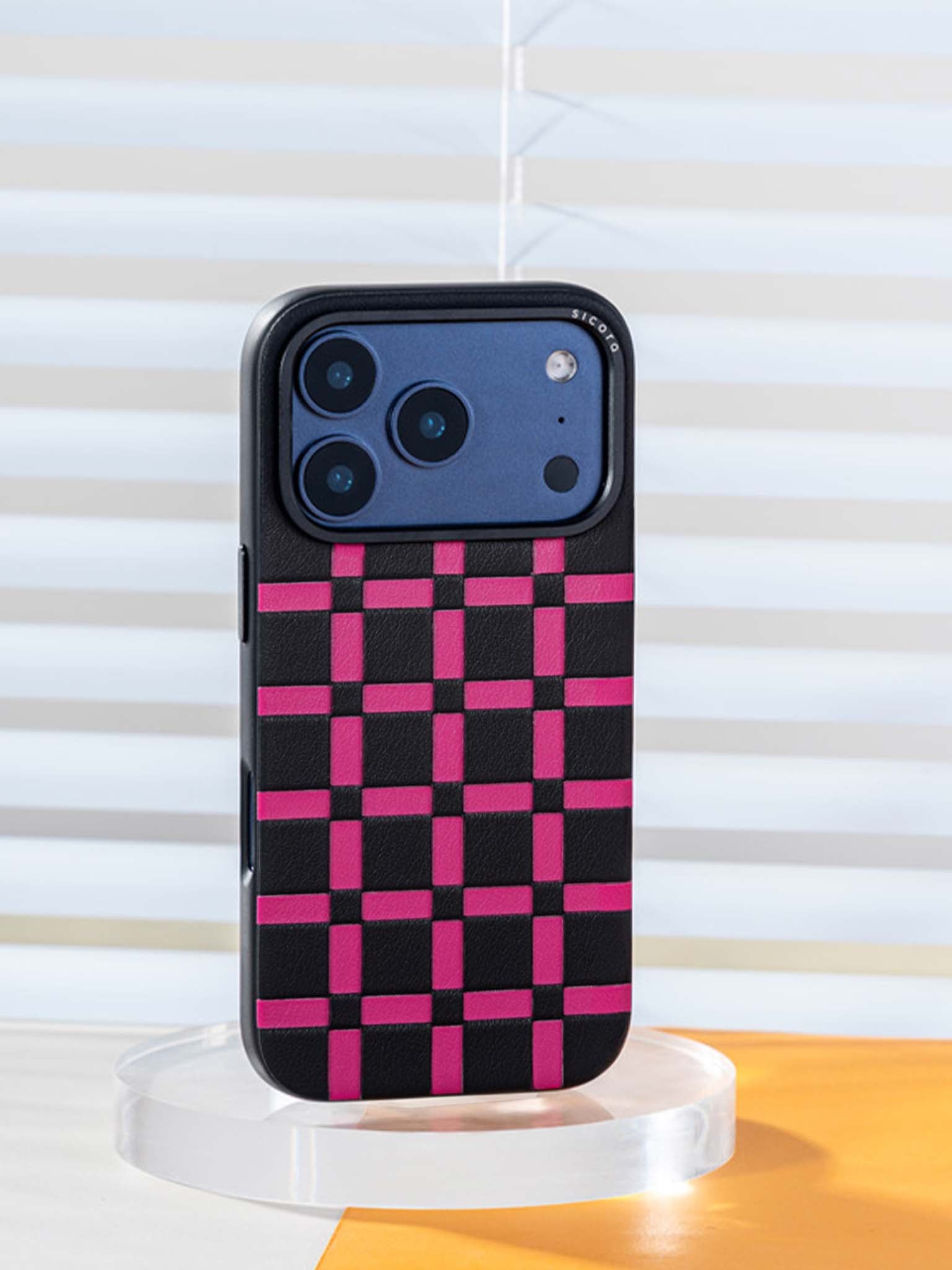 Sicora gridplay phone case with black and magenta checkered pattern