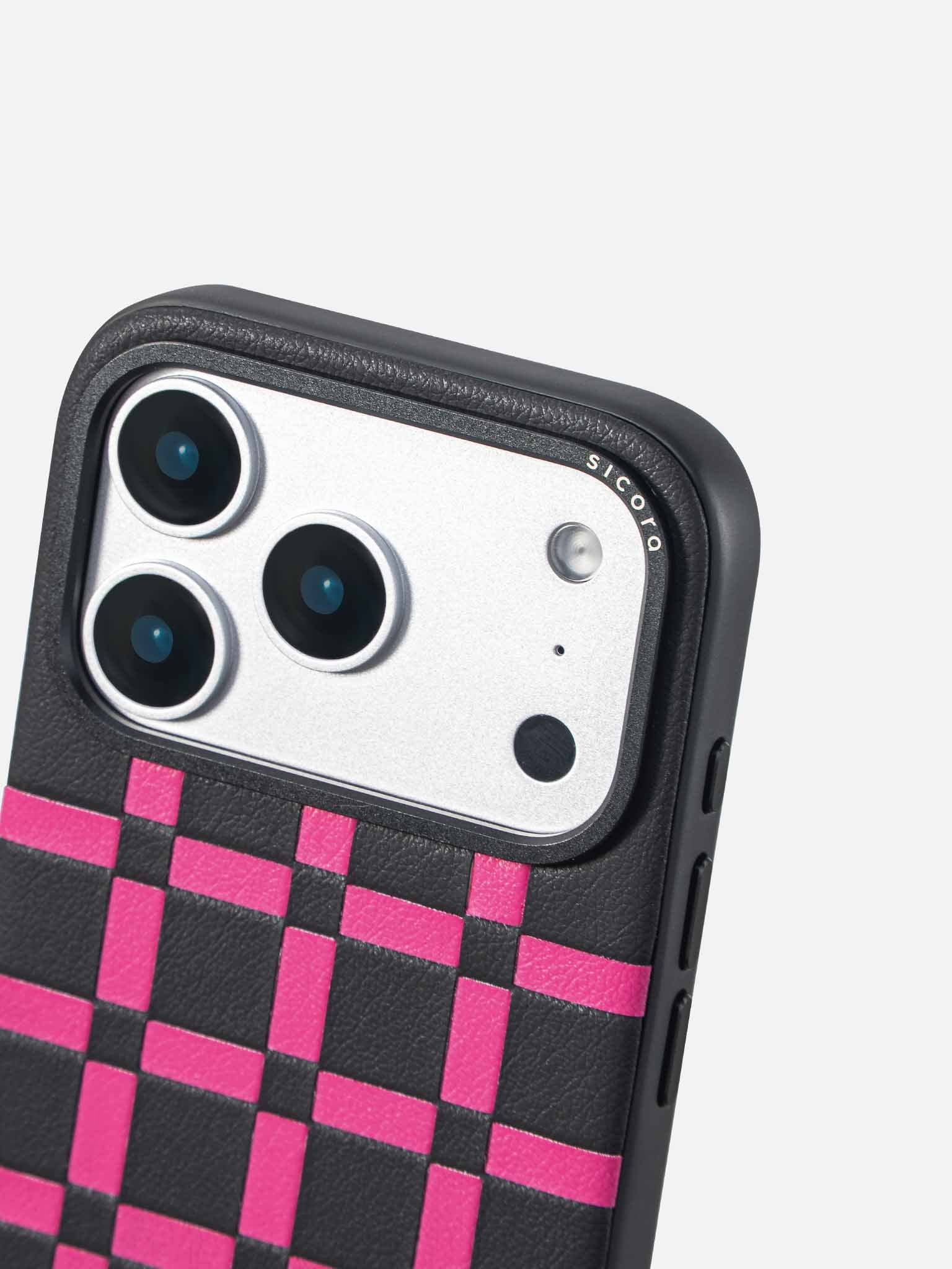 Sicora gridplay phone case with black and magenta checkered pattern