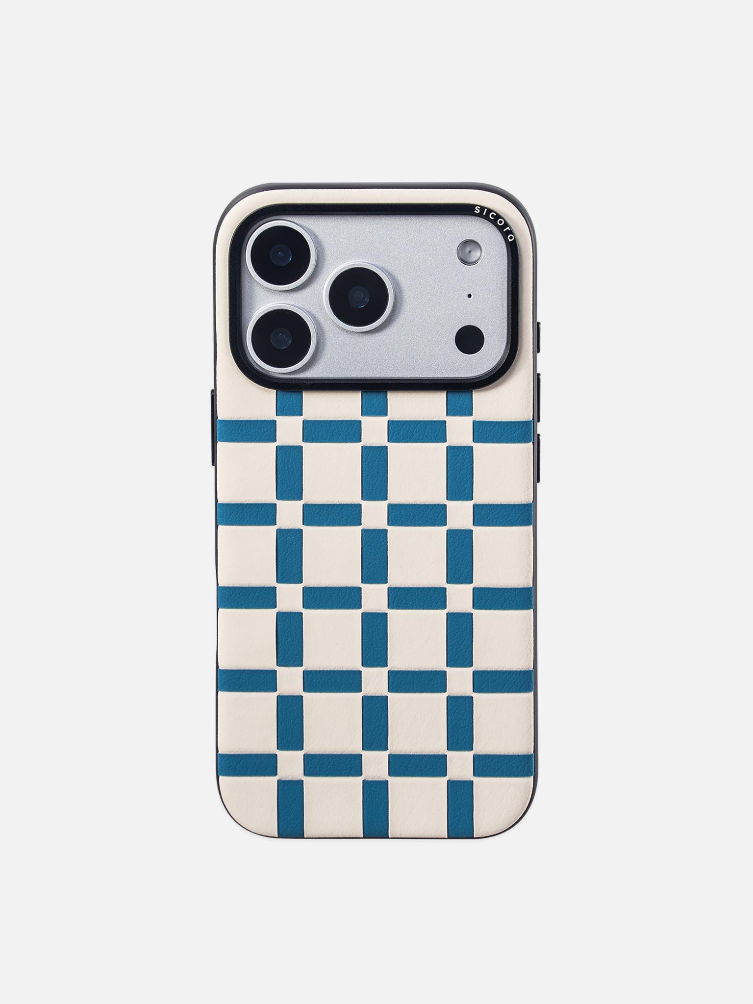 Sicora gridplay phone case with cream white and sea blue checkered pattern