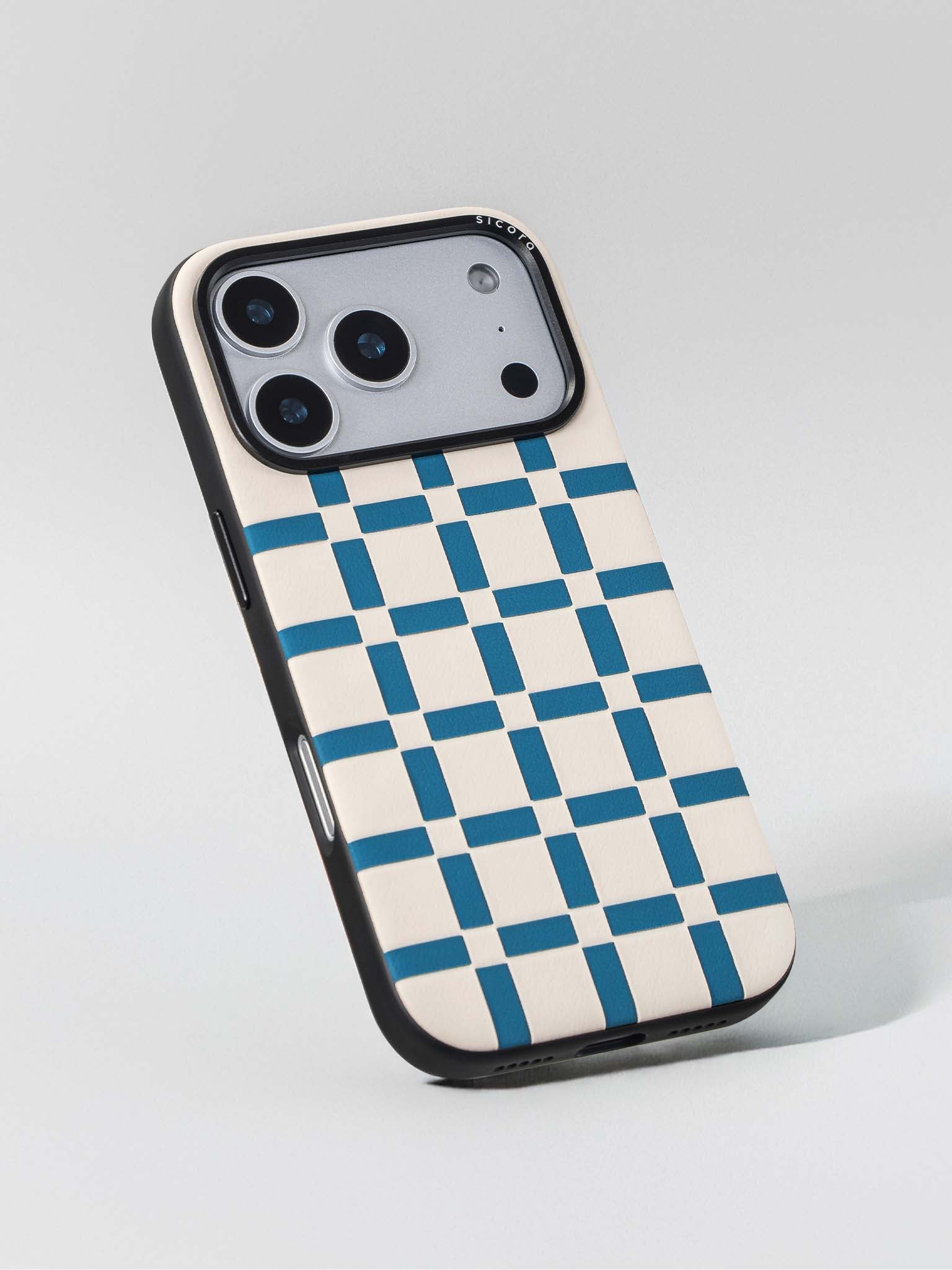 Sicora gridplay phone case with cream white and sea blue checkered pattern