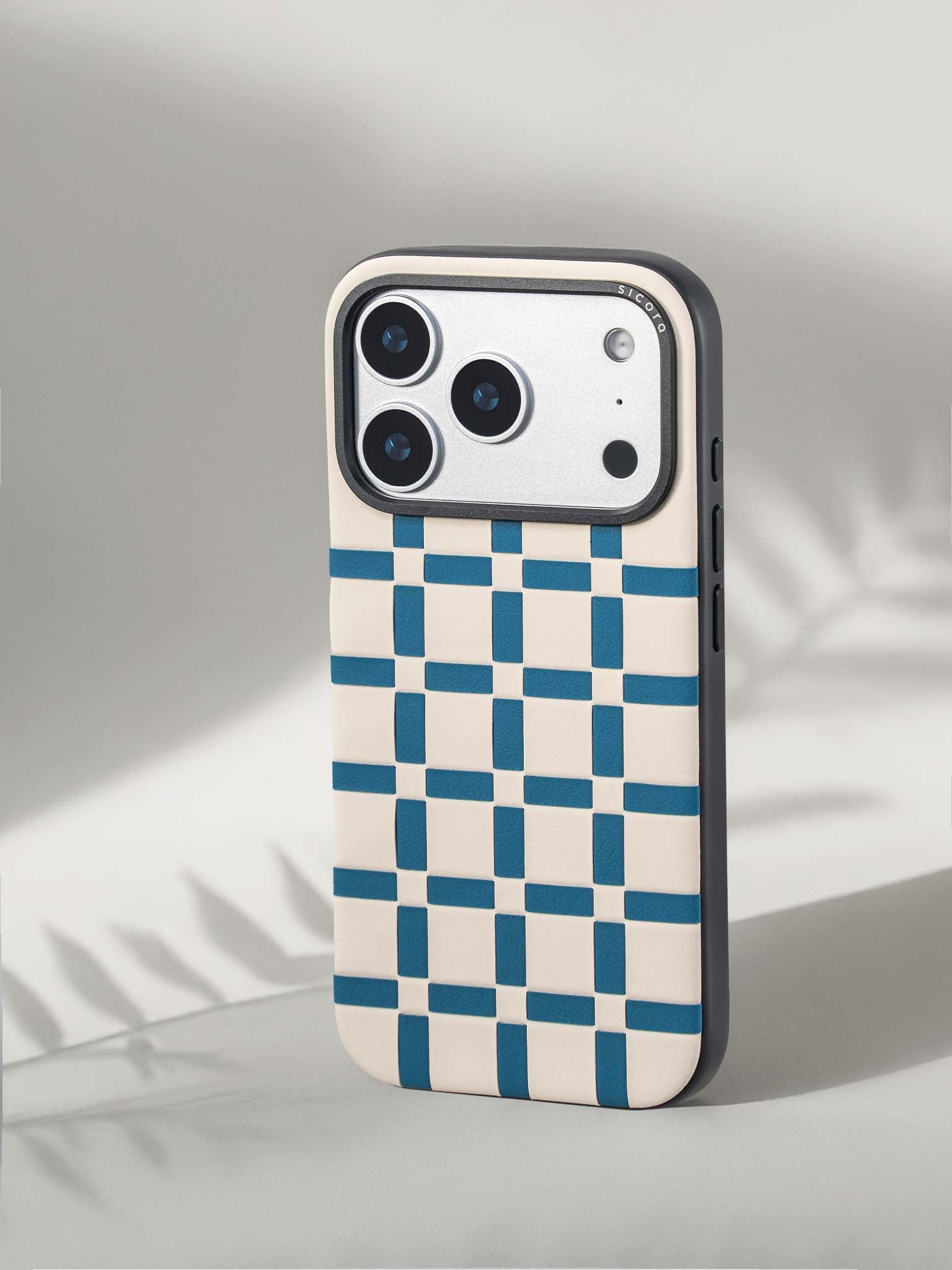 Sicora gridplay phone case with cream white and sea blue checkered pattern