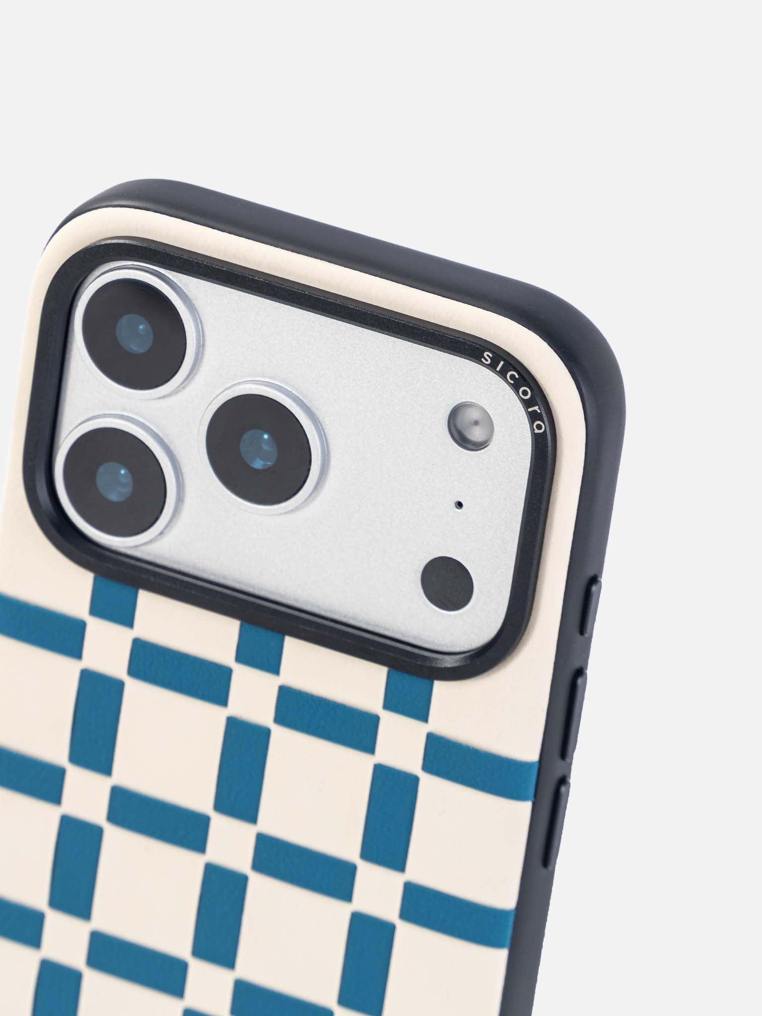 Sicora gridplay phone case with cream white and sea blue checkered pattern