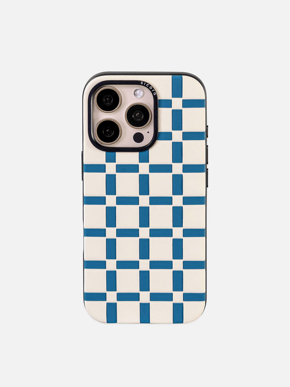 sicora blue and white handwoven gridplay iPhone case 16 pro