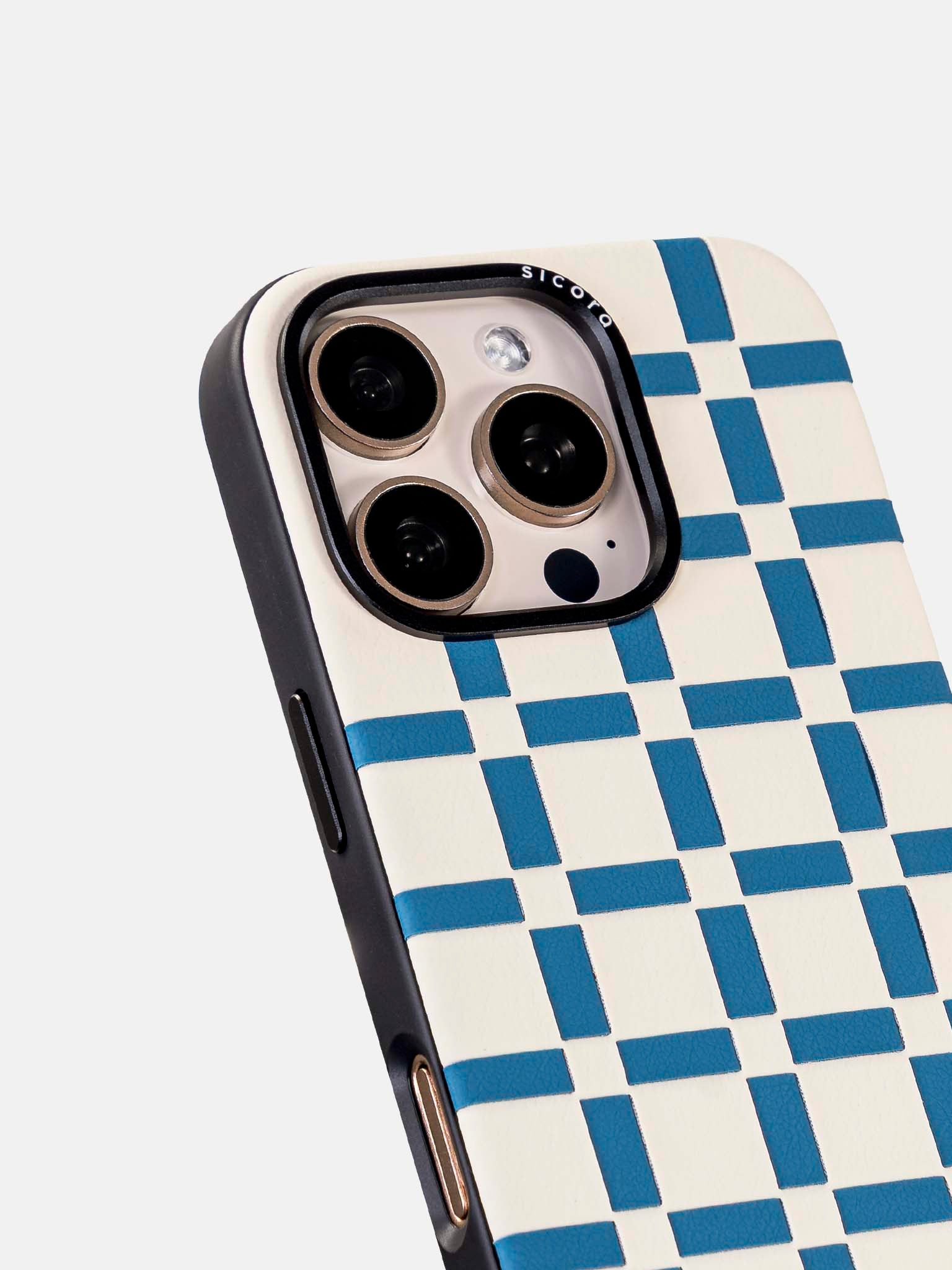 sicora blue and white handwoven gridplay iphone case